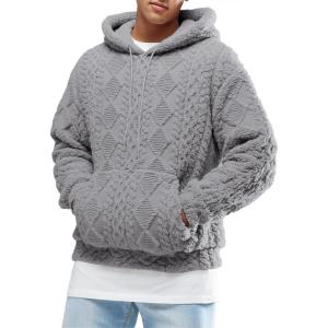 image:imageRuncati Mens Fuzzy Sherpa Hoodie Pullover Sweatshirts Long Sleeve Front Pocket Fall Winter Hooded Textured OutwearGrey