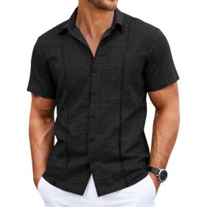 image:imageRuncati Mens Short Sleeve Guayabera Shirts Cuban Button Down Casual Shirt Summer Vacation Wedding Embroidered Linen TopsBlack