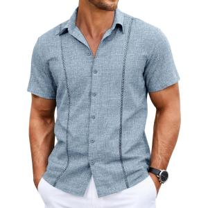 image:imageRuncati Mens Short Sleeve Guayabera Shirts Cuban Button Down Casual Shirt Summer Vacation Wedding Embroidered Linen TopsBlue