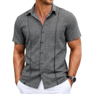 image:imageRuncati Mens Short Sleeve Guayabera Shirts Cuban Button Down Casual Shirt Summer Vacation Wedding Embroidered Linen TopsDark Gray