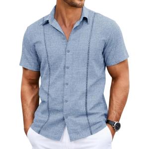 image:imageRuncati Mens Short Sleeve Guayabera Shirts Cuban Button Down Casual Shirt Summer Vacation Wedding Embroidered Linen TopsLight Blue