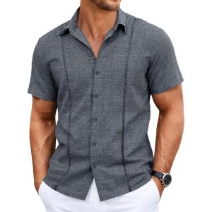 image:imageRuncati Mens Short Sleeve Guayabera Shirts Cuban Button Down Casual Shirt Summer Vacation Wedding Embroidered Linen TopsNavy