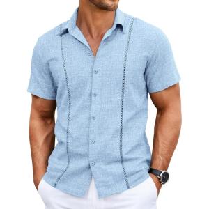 image:imageRuncati Mens Short Sleeve Guayabera Shirts Cuban Button Down Casual Shirt Summer Vacation Wedding Embroidered Linen TopsSky Blue