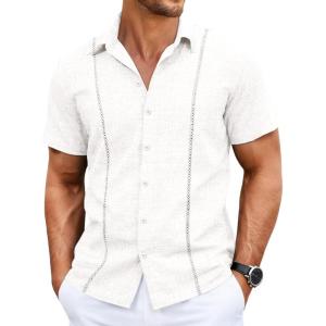 image:imageRuncati Mens Short Sleeve Guayabera Shirts Cuban Button Down Casual Shirt Summer Vacation Wedding Embroidered Linen TopsWhite
