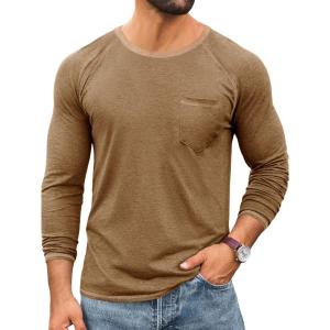 image:imageRuncati Mens Long Sleeve TShirt Casual Crewneck Shirts Basic Lightweight Vintage Tee Tops with PocketDark Khaki