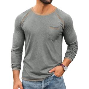 image:imageRuncati Mens Long Sleeve TShirt Casual Crewneck Shirts Basic Lightweight Vintage Tee Tops with PocketLight Grey