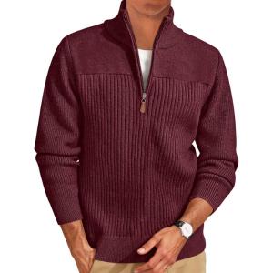 image:imageRuncati Mens Quarter Zip Sweater Mock Neck Pullover Ribbed Knit Casual Lightweight Polo SweatersWine Red