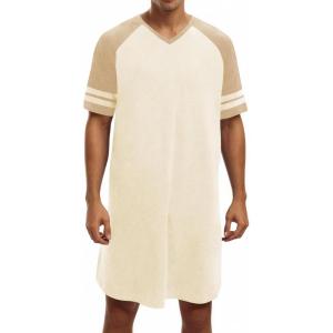 image:imageRuncati Mens Nightshirt Short Sleeve V Neck Nightgown Color Block Loose Fit Comfy Lounge Pajama SleepwearApricot
