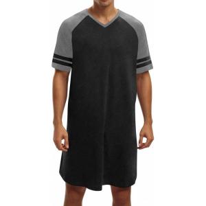 image:imageRuncati Mens Nightshirt Short Sleeve V Neck Nightgown Color Block Loose Fit Comfy Lounge Pajama SleepwearBlack