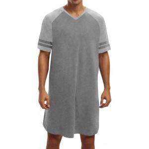 image:imageRuncati Mens Nightshirt Short Sleeve V Neck Nightgown Color Block Loose Fit Comfy Lounge Pajama SleepwearDark Grey