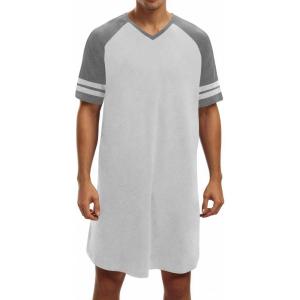 image:imageRuncati Mens Nightshirt Short Sleeve V Neck Nightgown Color Block Loose Fit Comfy Lounge Pajama SleepwearLight Grey