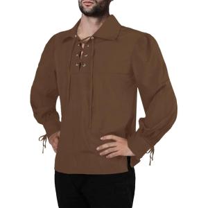 image:imageMens Medieval Pirate Shirt Viking Renaissance Lace up Mercenary Halloween Scottish Jacobite Ghillie TopsBrown