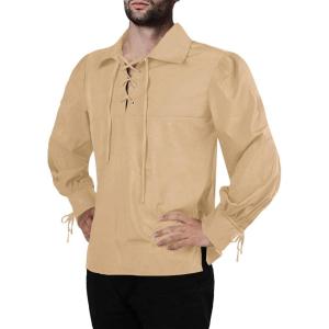 image:imageMens Medieval Pirate Shirt Viking Renaissance Lace up Mercenary Halloween Scottish Jacobite Ghillie TopsKhaki