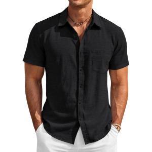 image:imageRuncati Mens Button Down Linen Shirt Short Sleeve Casual Vacation Shirts Summer Beach Wedding Tops with PocketBlack