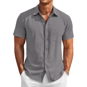 image:imageRuncati Mens Button Down Linen Shirt Short Sleeve Casual Vacation Shirts Summer Beach Wedding Tops with PocketGray