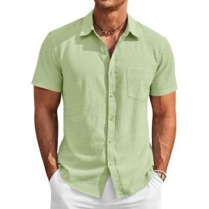 image:imageRuncati Mens Button Down Linen Shirt Short Sleeve Casual Vacation Shirts Summer Beach Wedding Tops with PocketMint
