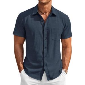 image:imageRuncati Mens Button Down Linen Shirt Short Sleeve Casual Vacation Shirts Summer Beach Wedding Tops with PocketNavy
