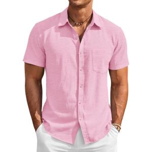 image:imageRuncati Mens Button Down Linen Shirt Short Sleeve Casual Vacation Shirts Summer Beach Wedding Tops with PocketPink