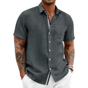 image:imageRuncati Mens Button Down Shirts Casual Short Sleeve Linen Shirt Summer Beach Wedding Tops with PocketBlack