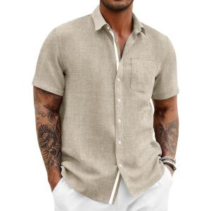 image:imageRuncati Mens Button Down Shirts Casual Short Sleeve Linen Shirt Summer Beach Wedding Tops with PocketKhaki