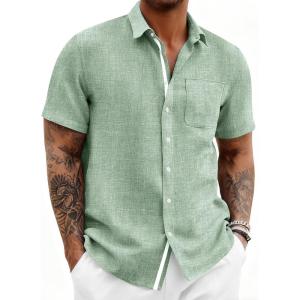 image:imageRuncati Mens Button Down Shirts Casual Short Sleeve Linen Shirt Summer Beach Wedding Tops with PocketOlive Green