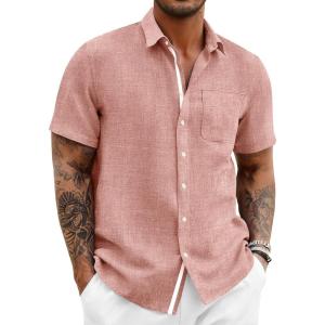 image:imageRuncati Mens Button Down Shirts Casual Short Sleeve Linen Shirt Summer Beach Wedding Tops with PocketPink