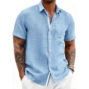 image:imageRuncati Mens Button Down Shirts Casual Short Sleeve Linen Shirt Summer Beach Wedding Tops with PocketSky Blue