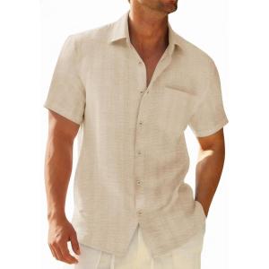 image:imageRuncati Mens Button Down Shirts Casual Short Sleeve Shirt Textured Linen Summer Beach Tops with PocketBeige