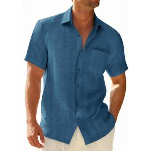 image:imageRuncati Mens Button Down Shirts Casual Short Sleeve Shirt Textured Linen Summer Beach Tops with PocketBluish Gray