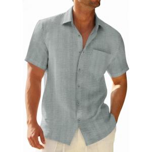 image:imageRuncati Mens Button Down Shirts Casual Short Sleeve Shirt Textured Linen Summer Beach Tops with PocketGrey