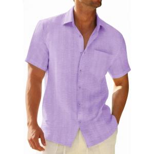 image:imageRuncati Mens Button Down Shirts Casual Short Sleeve Shirt Textured Linen Summer Beach Tops with PocketLight Purple