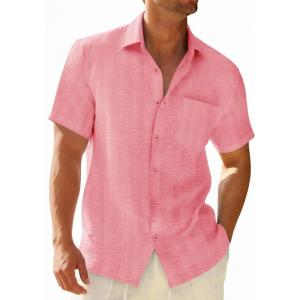 image:imageRuncati Mens Button Down Shirts Casual Short Sleeve Shirt Textured Linen Summer Beach Tops with PocketPink
