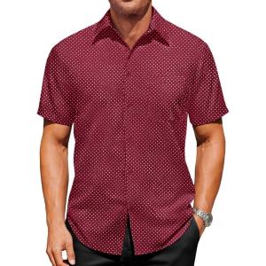 image:imageRuncati Mens Button Down Shirts Short Sleeve Wrinkle Free Dress Shirts Business Casual Polka Dot Print Shirt with PocketBurgundy
