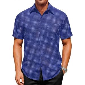 image:imageRuncati Mens Button Down Shirts Short Sleeve Wrinkle Free Dress Shirts Business Casual Polka Dot Print Shirt with PocketNavy