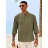 image:imageRuncati Mens Casual Henley Shirts 34 Sleeve Band Collar Cotton Linen Shirt Summer Beach Hippie TShirts with PocketArmy Green