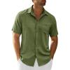 image:imageRuncati Mens Button Down Shirts Casual Short Sleeve Linen Shirt Summer Beach Textured Tops with PocketArmy Green