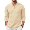 image:imageRuncati Mens Casual Henley Shirts 34 Sleeve Band Collar Cotton Linen Shirt Summer Beach Hippie TShirts with PocketBeige