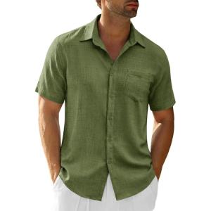 image:imageRuncati Mens Button Down Shirts Casual Short Sleeve Linen Shirt Summer Beach Textured Tops with PocketArmy Green