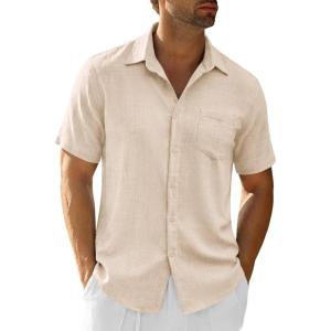 image:imageRuncati Mens Button Down Shirts Casual Short Sleeve Linen Shirt Summer Beach Textured Tops with PocketBeige