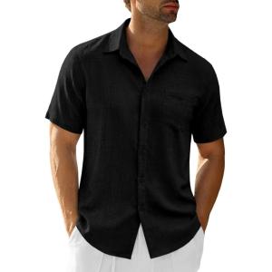 image:imageRuncati Mens Button Down Shirts Casual Short Sleeve Linen Shirt Summer Beach Textured Tops with PocketBlack