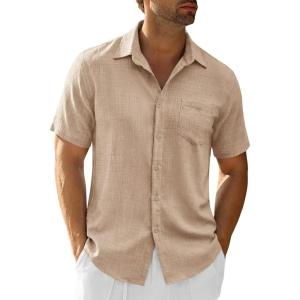 image:imageRuncati Mens Button Down Shirts Casual Short Sleeve Linen Shirt Summer Beach Textured Tops with PocketLight Khaki