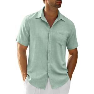 image:imageRuncati Mens Button Down Shirts Casual Short Sleeve Linen Shirt Summer Beach Textured Tops with PocketMint