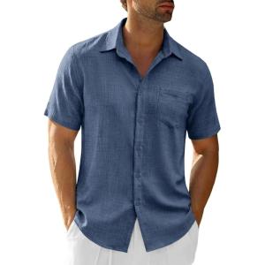 image:imageRuncati Mens Button Down Shirts Casual Short Sleeve Linen Shirt Summer Beach Textured Tops with PocketNavy