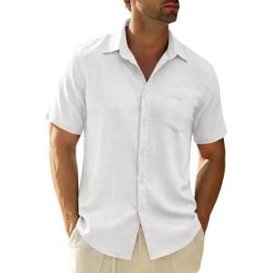 image:imageRuncati Mens Button Down Shirts Casual Short Sleeve Linen Shirt Summer Beach Textured Tops with PocketWhite