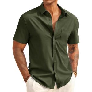 image:imageRuncati Mens Button Down Shirts Short Sleeve Casual Dress Shirt Summer Untucked Shirts with PocketArmy Green