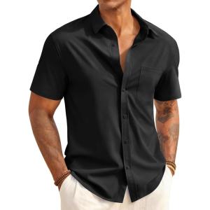 image:imageRuncati Mens Button Down Shirts Short Sleeve Casual Dress Shirt Summer Untucked Shirts with PocketBlack
