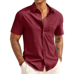 image:imageRuncati Mens Button Down Shirts Short Sleeve Casual Dress Shirt Summer Untucked Shirts with PocketBurgundy