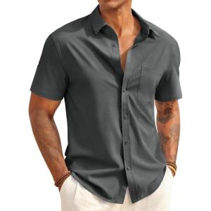image:imageRuncati Mens Button Down Shirts Short Sleeve Casual Dress Shirt Summer Untucked Shirts with PocketDark Grey