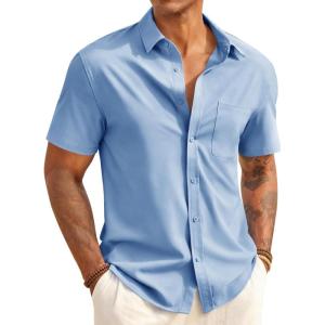 image:imageRuncati Mens Button Down Shirts Short Sleeve Casual Dress Shirt Summer Untucked Shirts with PocketLight Blue