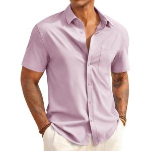image:imageRuncati Mens Button Down Shirts Short Sleeve Casual Dress Shirt Summer Untucked Shirts with PocketPink